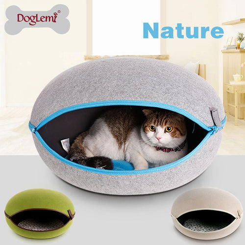 Egg Shape Dog Cat Bed Cat Sleeping Bag Zipper Felt Cloth Winter Warm Pet House All Around Cat Nest With Detachable Cushion Mat